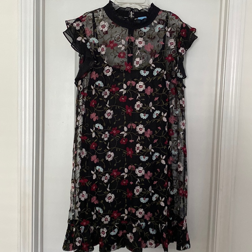 Cece Black Floral Embroidered Mesh Dress